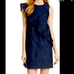 Ted Baker Embroidered Ruffle Stretch Cotton Shift Dress